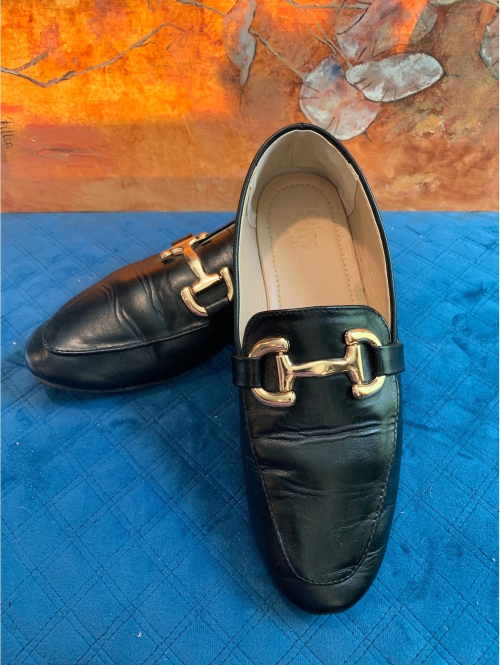 YOKI Black Leather Women’s’ Loafers with Gold Buckle Detail Size 7.5